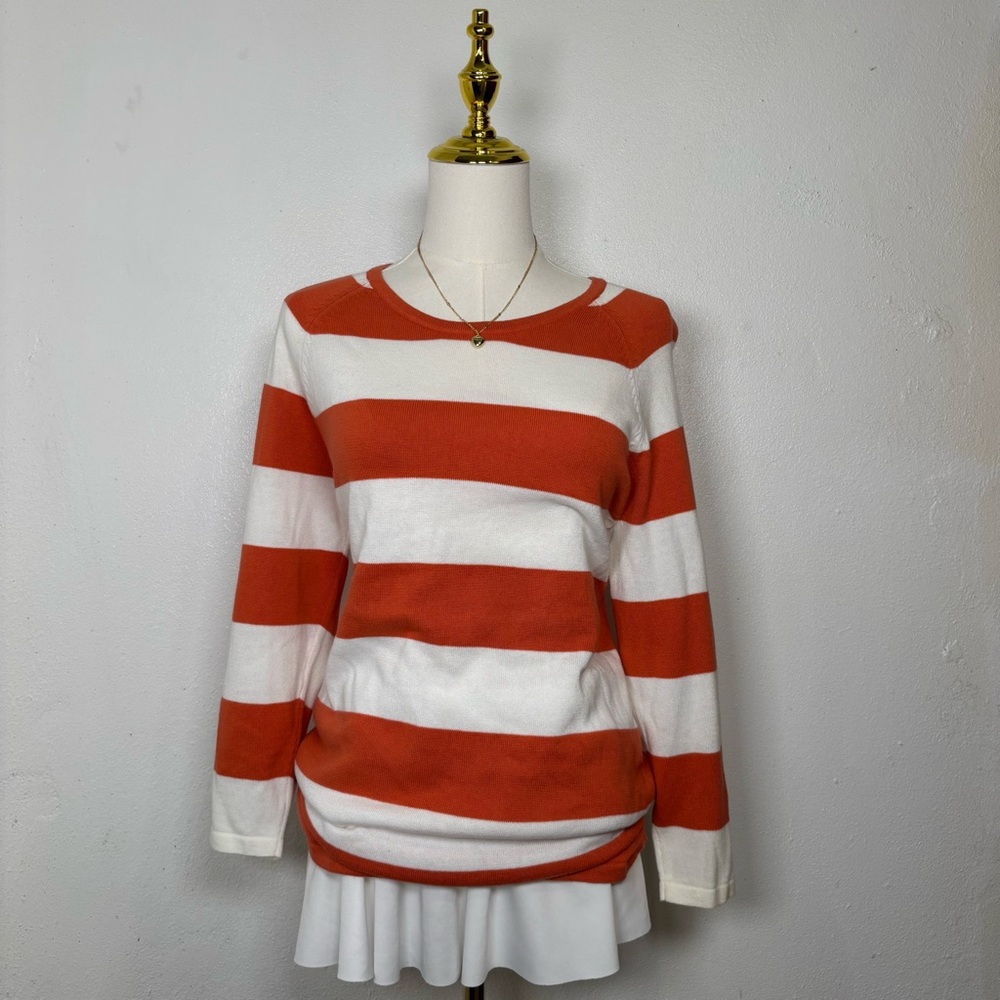 jeanne pierre white & orange red‎ striped sweater coastal coquette vacation chic